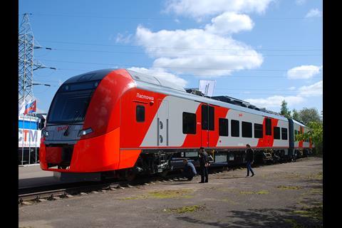 The Ural Locomotives joint venture of Sinara Group and Siemens displayed a Lastochka Premium inter-regional version of their Desiro RUS electric multiple-unit family at the Expo 1520 trade fair (Photo: Tomas Bacic).